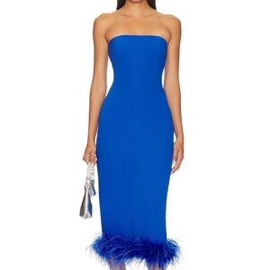 Elegant Blue Strapless Dress with Feather Detail
